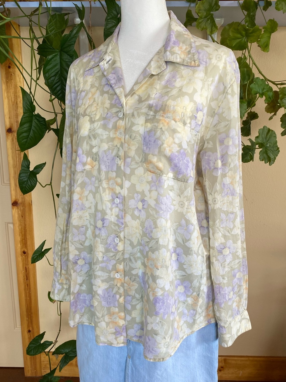 Vintage Lizsport Floral Button Down Shirt Cottagecore Cotton Blouse M